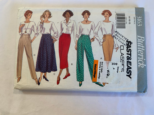 Butterick Sewing Pattern 3163 Misses'/Miss Petite Skirt, Pants, Semi-Fitted, Tapered, Flared, Elastic Waist, Pockets, Size 14-18, Uncut, Vintage 1993