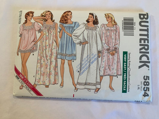 Butterick Sewing Pattern 5854 Misses' Nightgown, Shorts, Loose-Fitting, Flared, Long Sleeves, Shoulder Straps, Two Lengths, Elastic Waist, Size 16-22, Uncut, Vintage 1987