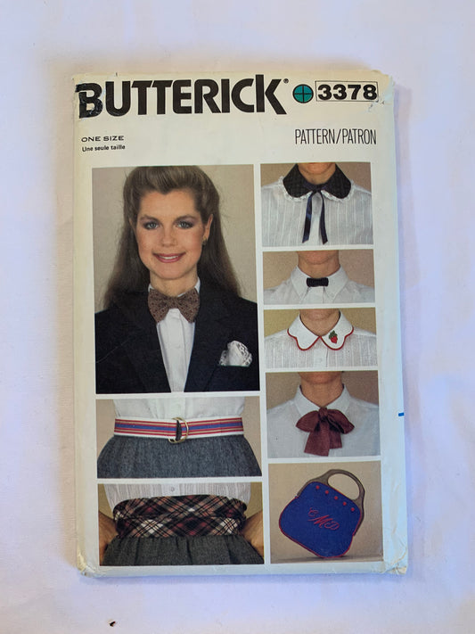 Butterick Sewing Pattern 3378 Misses' Fashion Accessories, Bow Tie, Neck Tie, Collar, Handkerchief, Cummerbund, Belt, Handbag, One Size, Uncut, Vintage 1989