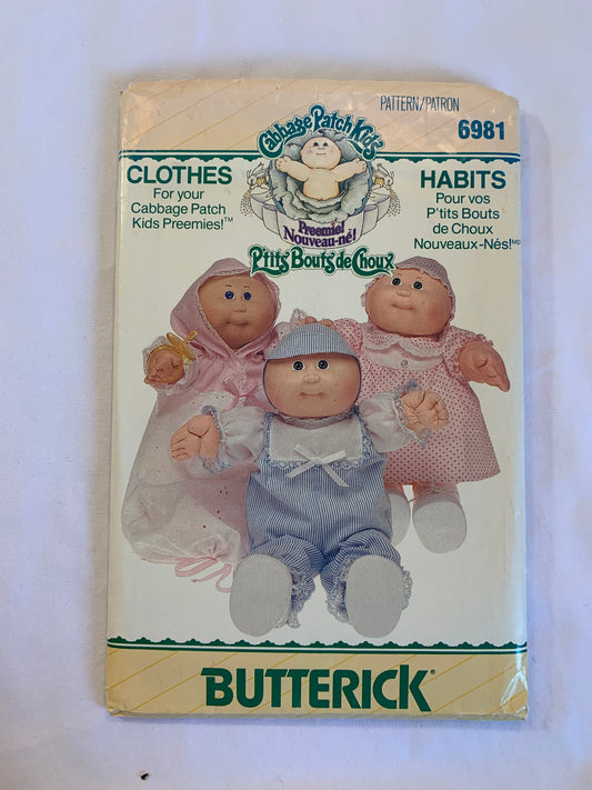 Butterick Sewing Pattern 6981 Cabbage Patch Preemie Doll Clothes, Hooded Jacket, Shorts, Pull-On, Jumpsuits, Dress, Hat, Uncut, Vintage 1986