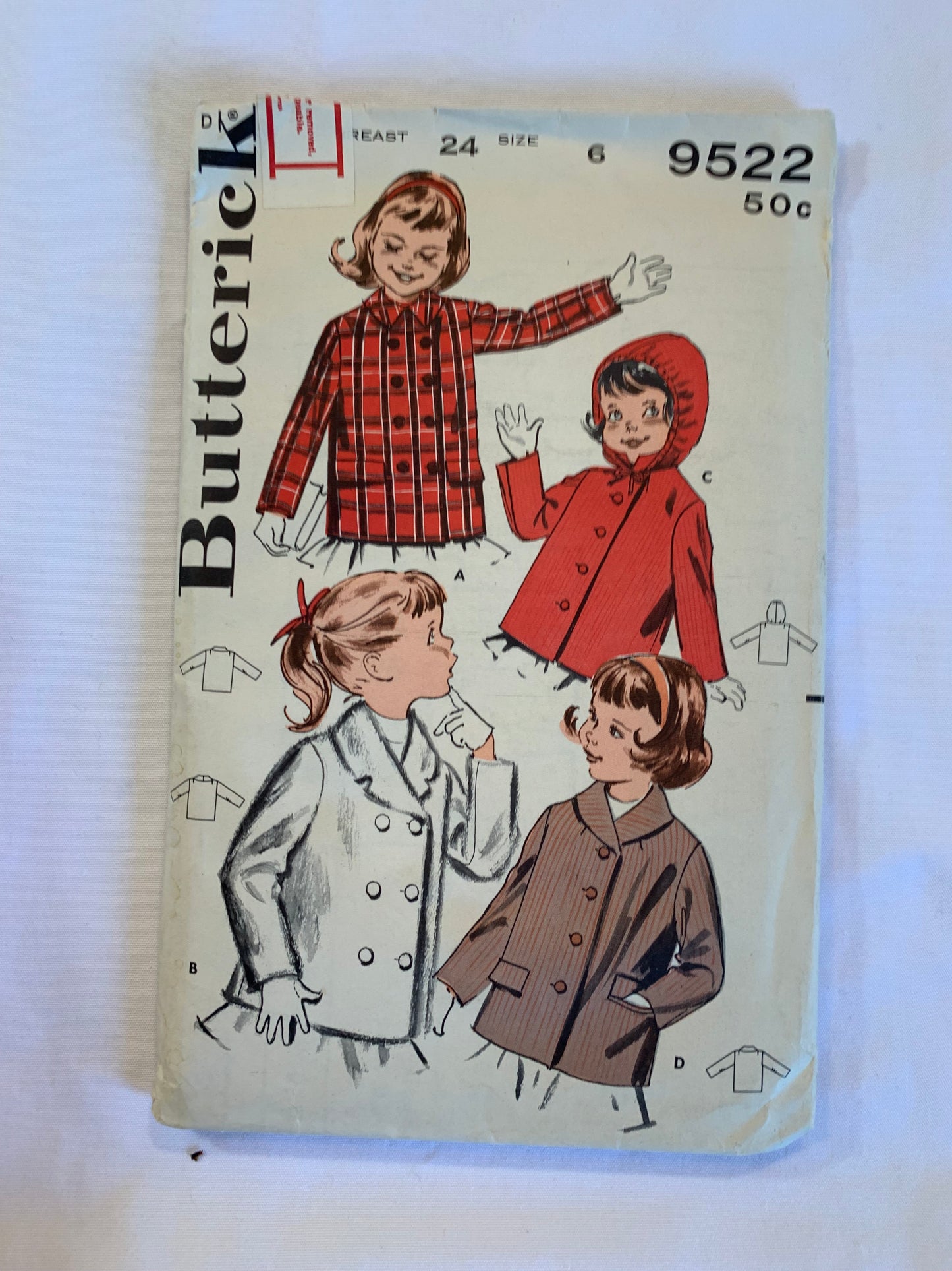 Butterick Sewing Pattern 9522 Girls' Double/Single Breasted Coat, Long Sleeves, Button Front, Hood, Pockets, Size 6, Uncut, Vintage 1950