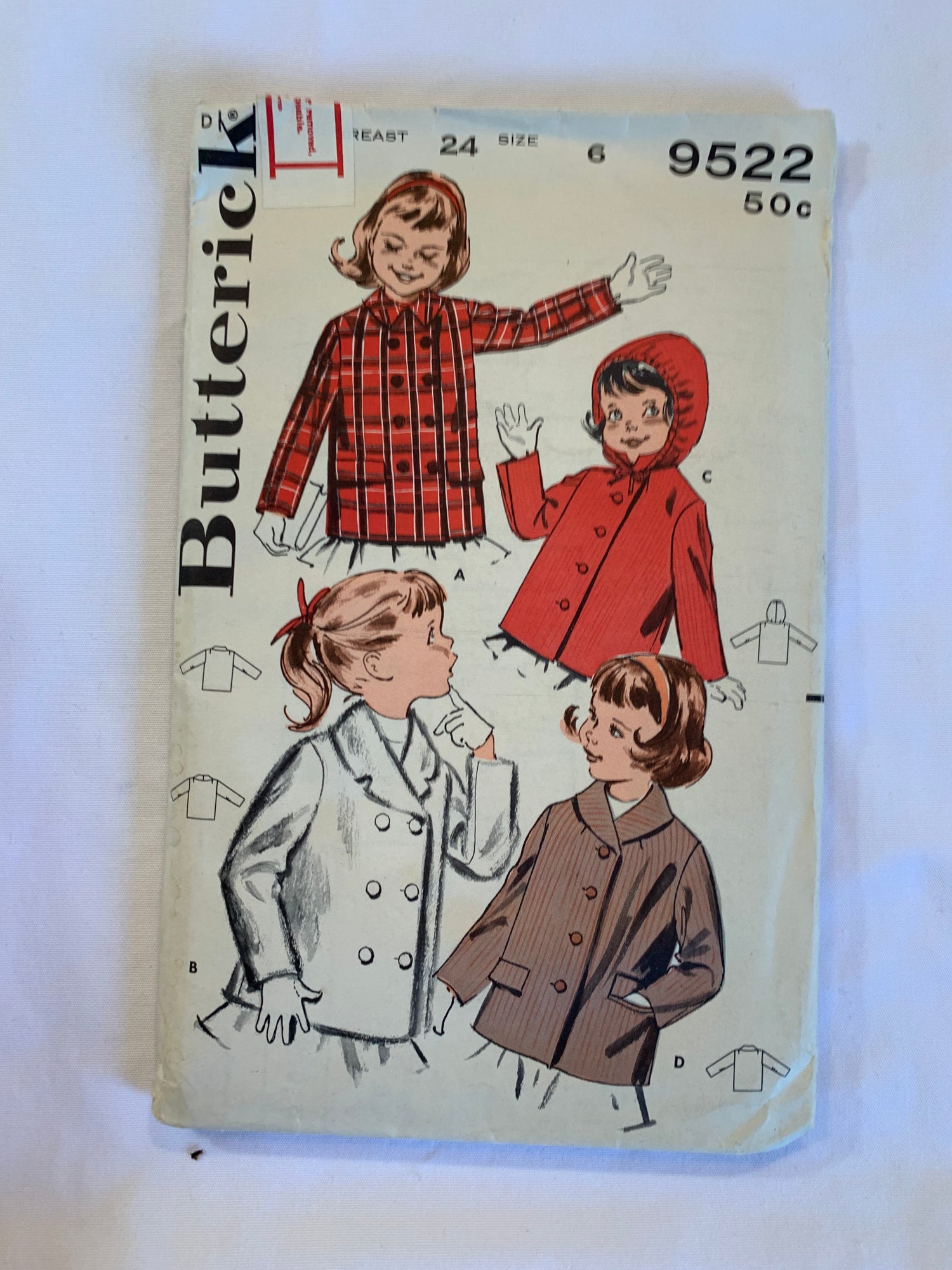 Butterick Sewing Pattern 9522 Girls' Double/Single Breasted Coat, Long Sleeves, Button Front, Hood, Pockets, Size 6, Uncut, Vintage 1950