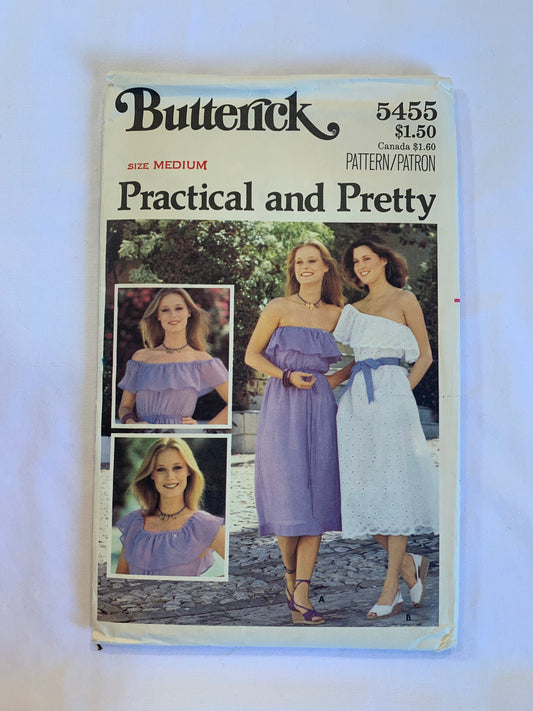 Butterick Sewing Pattern 5456 Misses' Dress, Pullover, Loose-Fitting, Elastic Waist, Flared, Pockets, Size 12-14, Uncut, Vintage 1987