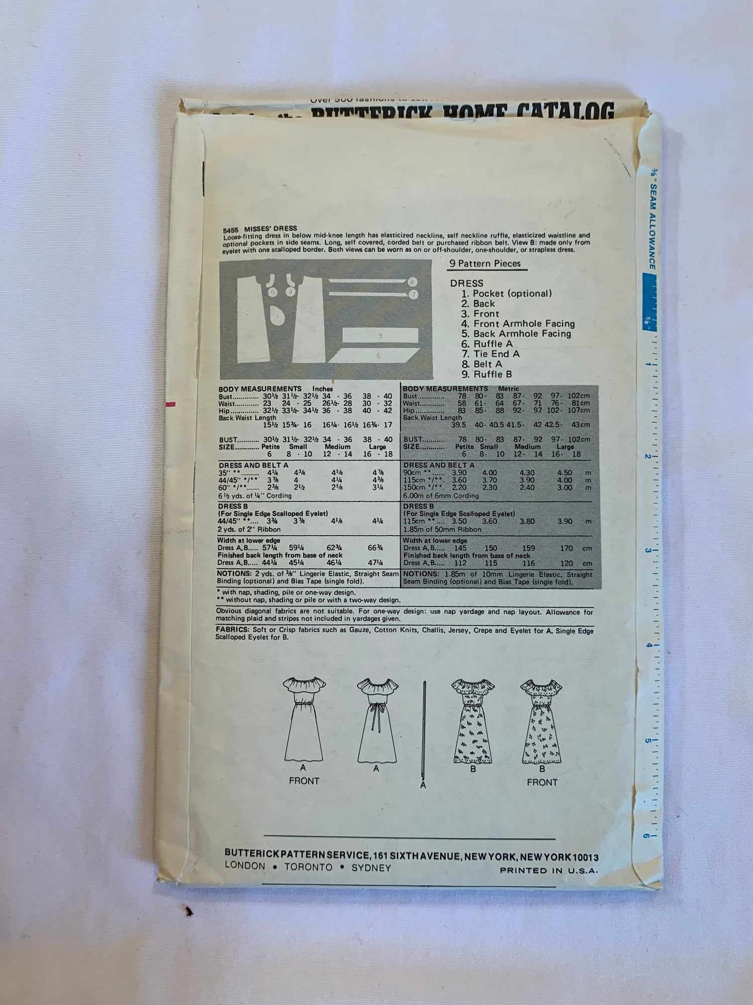Butterick Sewing Pattern 5456 Misses' Dress, Pullover, Loose-Fitting, Elastic Waist, Flared, Pockets, Size 12-14, Uncut, Vintage 1987