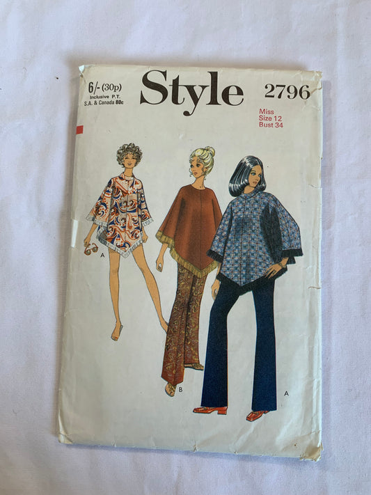 Style Sewing Pattern 2796 Misses' Pants, Poncho, Fringe, Zipper Back, Collar, Lined, Flared, Close-Fitting, Size 12, Cut, Vintage 1988