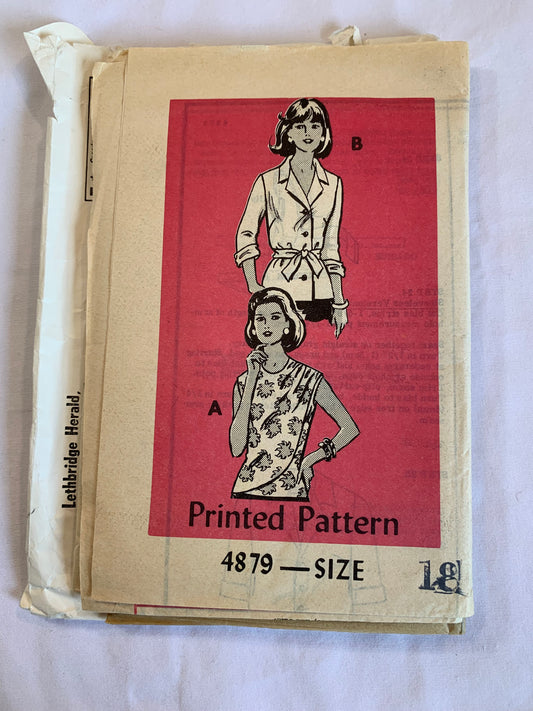 Mail Ordered Sewing Pattern 4879 Misses' Top, Blouse, 2 Variations, Long Sleeves, Sleeveless, Tie Belt, Button Front, Collar, Size 18, Uncut, Vintage 1979