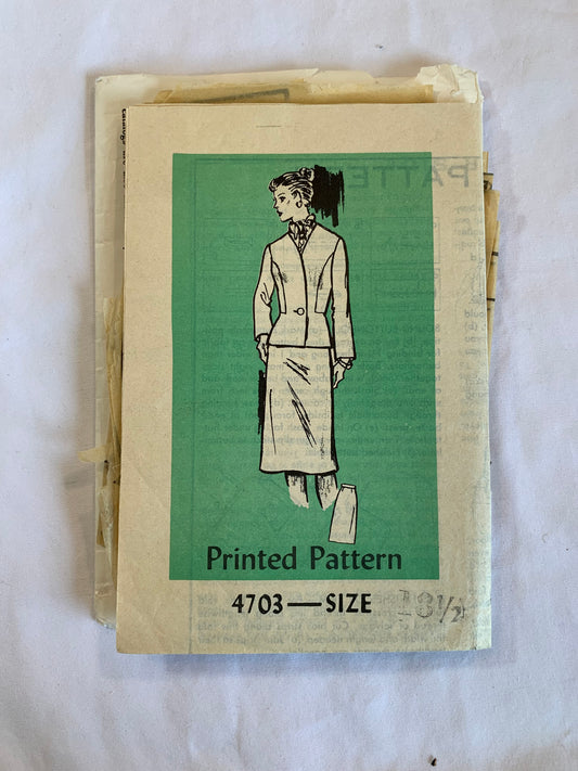 Mail Ordered Sewing Pattern 4703 Misses' Jacket, Skirt, Button Front, Long Sleeves, Zipper Back, Size 18 1/2, Cut, Vintage 1979