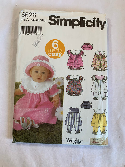 Simplicity Sewing Pattern 5626 Babies/Infants Dress, Panties, Pantaloons, Collar, 3 Size Hats, Short Sleeves, Sleeveless, Zipper Back, Elastic Waist, Size 7-18 Pounds, Cut, 2002