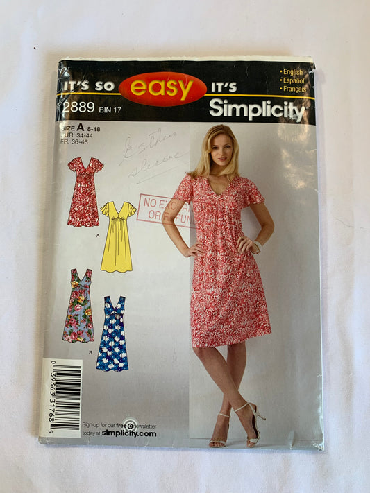 Simplicity Sewing Pattern 2889 Misses'/Miss Petite Dress, Bodice Variations, Short Sleeves, Sleeveless, Zipper Back, Lined, Size 8-16, Cut, 2008