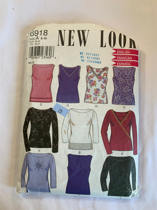 Simplicity New Look Sewing Pattern 6918 Misses' Tops, Long Sleeves, Stretch Knits Only, Sleeveless, 10 Variations, Pullover, Neckline Variety, Size 6-12, Cut, 2006