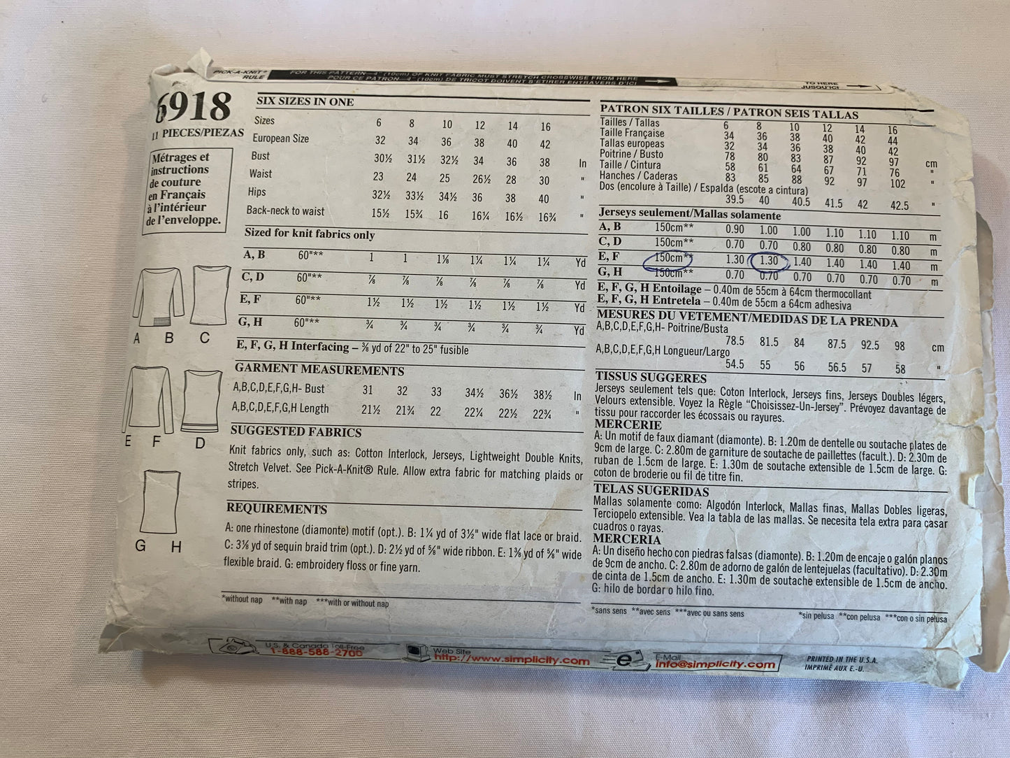 Simplicity New Look Sewing Pattern 6918 Misses' Tops, Long Sleeves, Stretch Knits Only, Sleeveless, 10 Variations, Pullover, Neckline Variety, Size 6-12, Cut, 2006