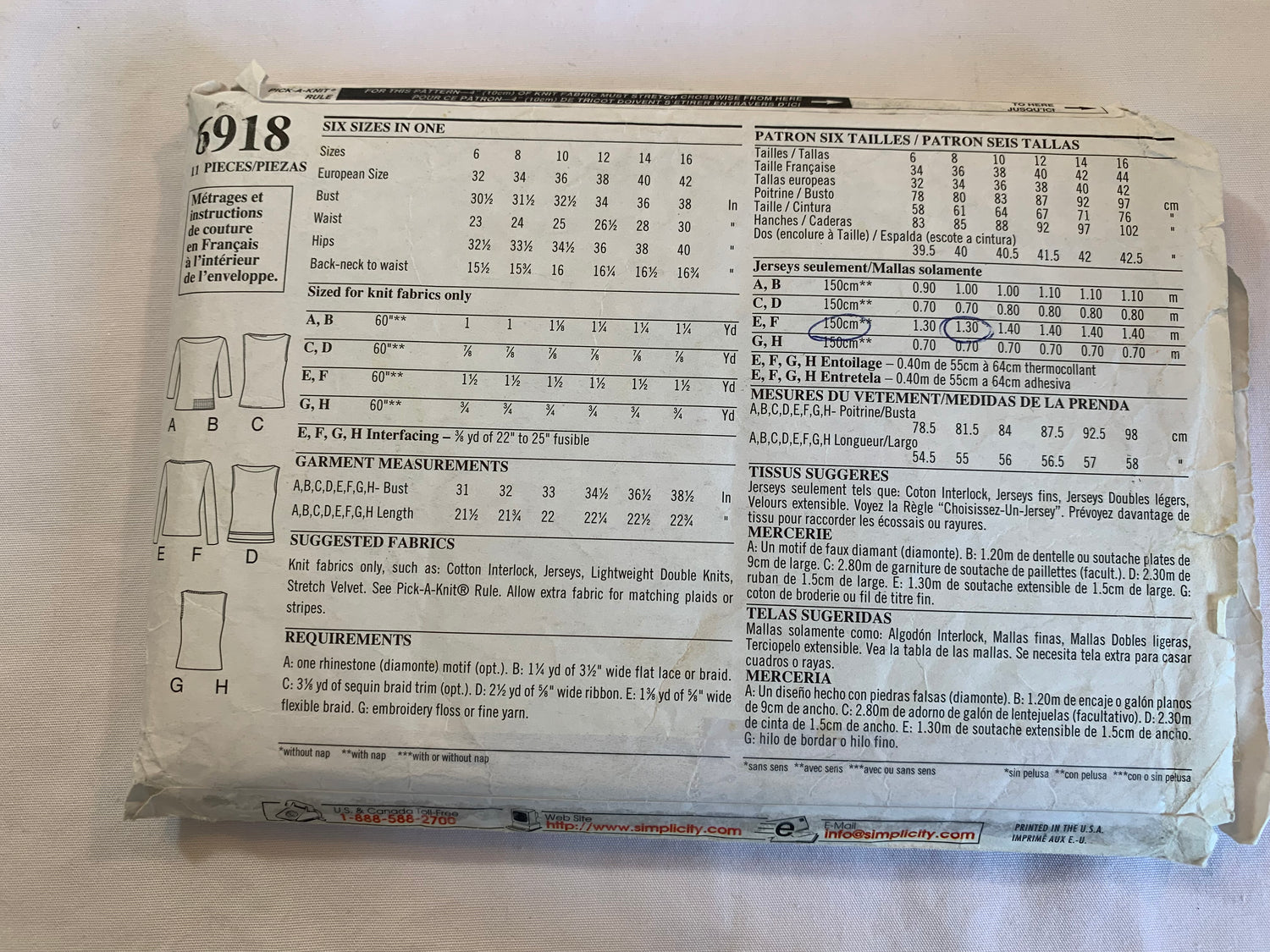Simplicity New Look Sewing Pattern 6918 Misses' Tops, Long Sleeves, Stretch Knits Only, Sleeveless, 10 Variations, Pullover, Neckline Variety, Size 6-12, Cut, 2006