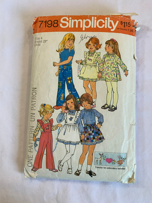 Simplicity Sewing Pattern 7198 Girls' Dress, Pinafore, Zipper Back, Pants, Tie Back, Long Sleeves, Size 4, Cut, Vintage 1975