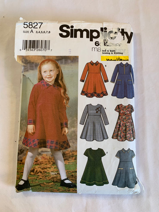 Simplicity Sewing Pattern 5827 Girls' Dress, Long/Short Sleeves, High Waist, 6 Variations, Pockets, Flared, Size 3-5, Cut, Vintage 1999