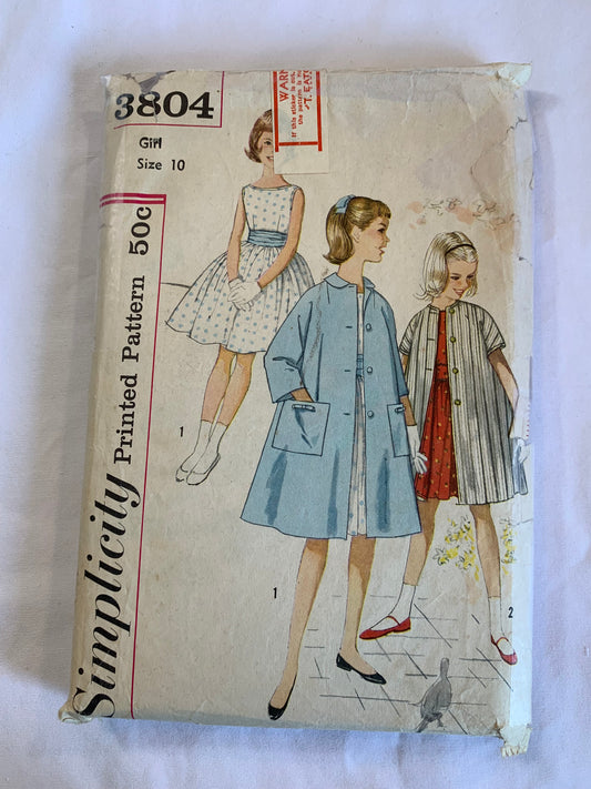 Simplicity Sewing Pattern 3804 Girls' Dresses, Coat, Sleeveless, Long/Short Kimono Sleeves, Button Back, Gathered Flared Skirt, Cummerbund, Size 10, Cut, Vintage 1950 Media 1 of 2
