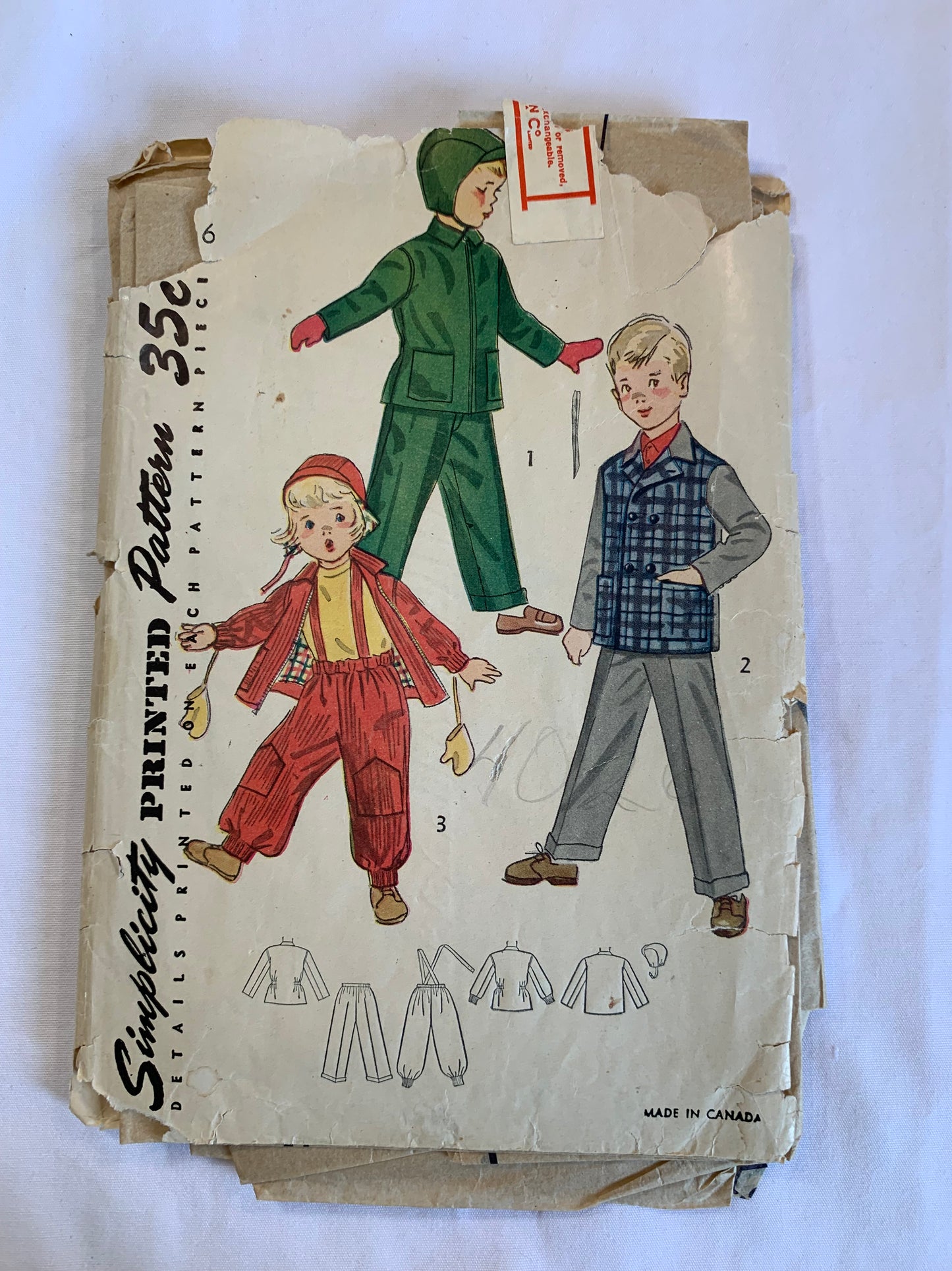 Simplicity Sewing Pattern 4026 Girls'/Boys' Jacket, Snowsuit, Pants Helmet, Hat, Elastic Waist, Knee Patches, Zipper Front, Collar, Shoulder Straps, Size 6, Cut, Vintage 1950