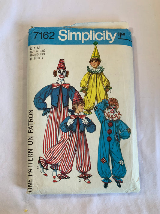 Simplicity Sewing Pattern 7162 Girls'/Boy's Costumes, Halloween, Clowns, Jumpsuit, Hats, Ruffles, Long Raglan Sleeves, Zipper Back, Collar, Size 10-12, Cut, Vintage 1976