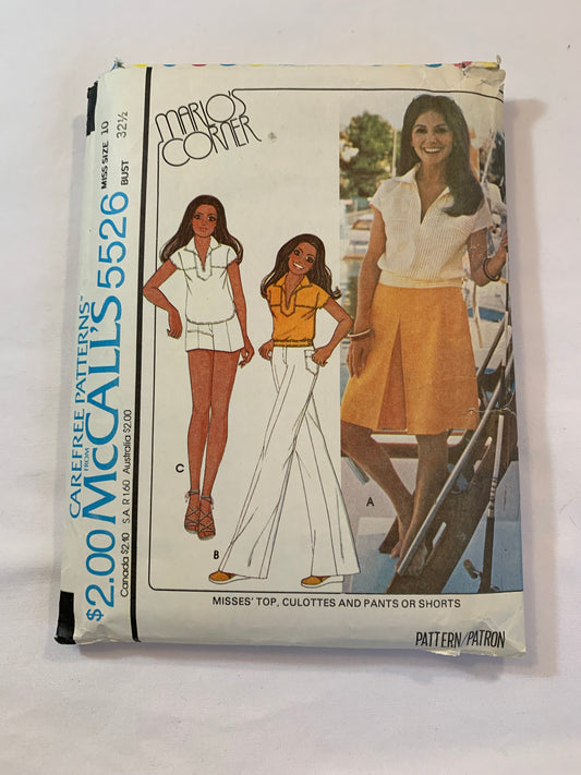 McCall's Sewing Pattern Marlo's Corner 5526 Misses' Top, Culottes, Pants, Shorts, Pullover, Pleats, Zipper Back, Pockets, Size 10, Cut, Vintage 1977