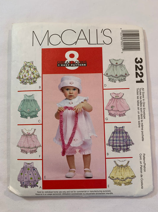 McCall's Sewing Pattern 3221 Infant/Babies Tops, Panties, Hat, Sleeveless, Button Back, Collar, Size 13-24 Pounds, Cut, 2001