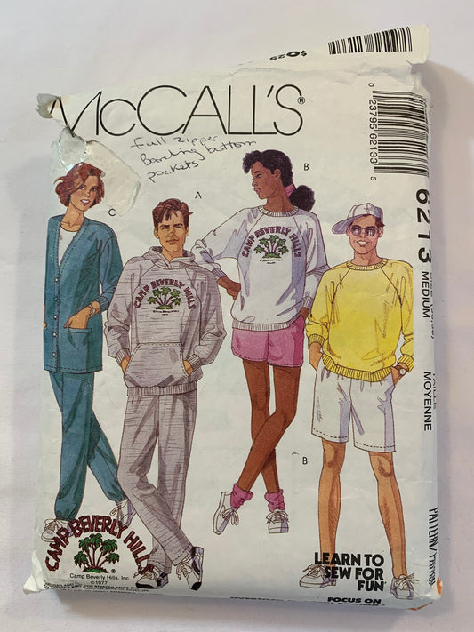 McCall's Sewing Pattern 6213 Misses'/Men's/Teens' Tops, Cardigan, Pants, Shorts, Transfers, Stretch Knits, Pullover, Pockets, Elastic Waist, Size 36-38, Cut, Vintage 1992