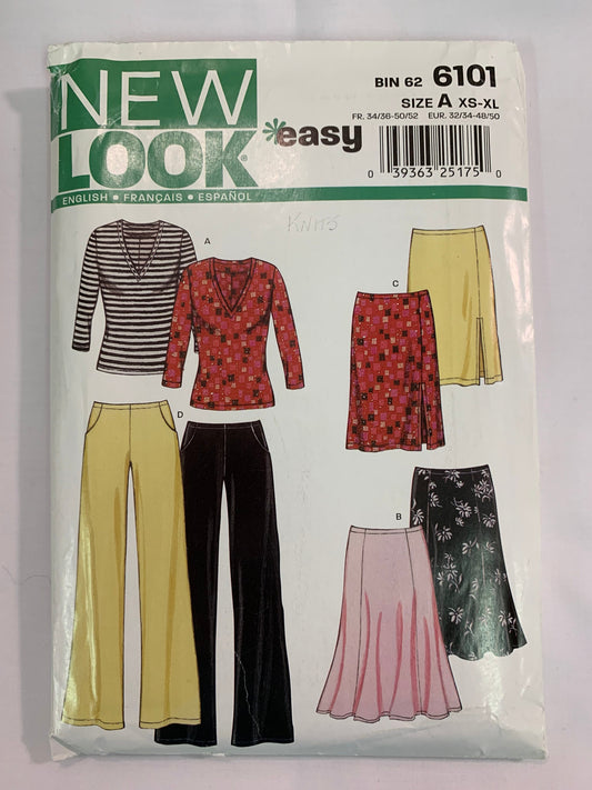 Simplicity New Look Sewing Pattern 6101 Misses' Top, Pants, Skirt, Long Sleeves, V-Neck, Elastic Waist, Full Skirt, Side Slit, Size 6-24, Uncut, 2003