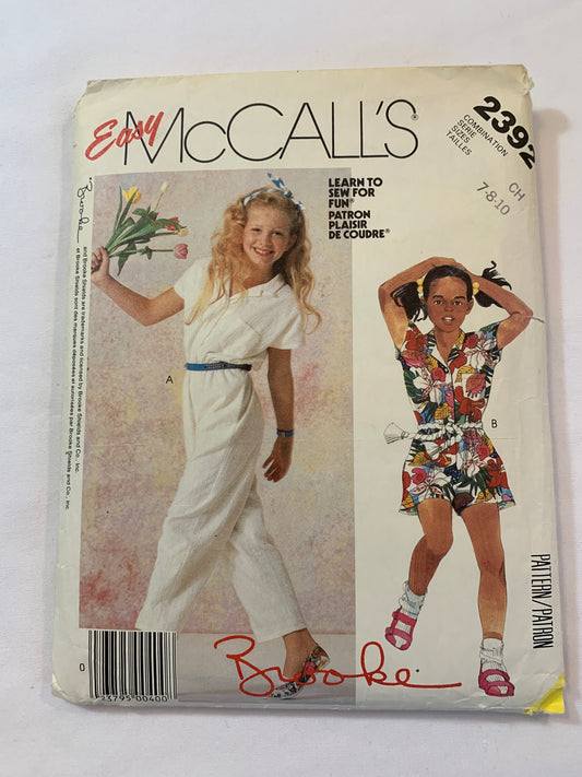 McCall's Sewing Pattern 2392 Girls'/Children's Jumpsuit, Tapered Legs, Two Lengths, Pockets, Sleeveless, Size 7-10, Cut, Vintage 1986