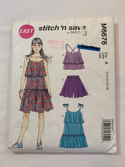 McCall's Stitch 'N Save Sewing Pattern M6676 Girls' Dress, Top, Shorts, Tiers, Pullover, Spaghetti Straps, Flounce, Elastic Waist, Size 7-14, Cut, 2012