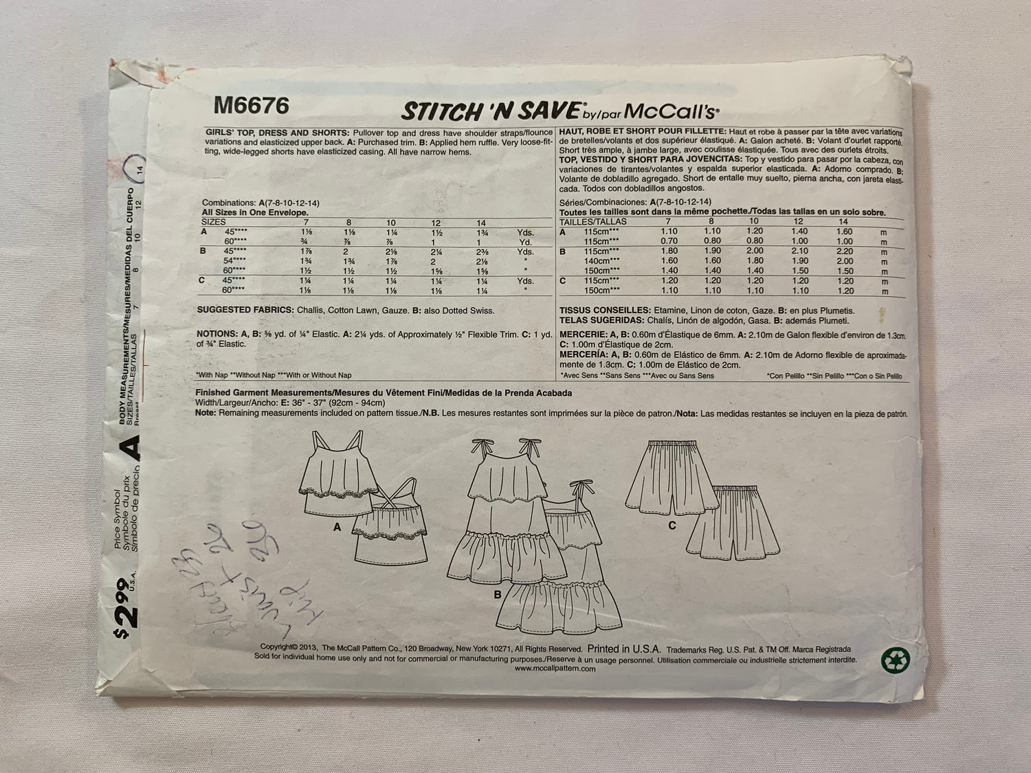 McCall's Stitch 'N Save Sewing Pattern M6676 Girls' Dress, Top, Shorts, Tiers, Pullover, Spaghetti Straps, Flounce, Elastic Waist, Size 7-14, Cut, 2012