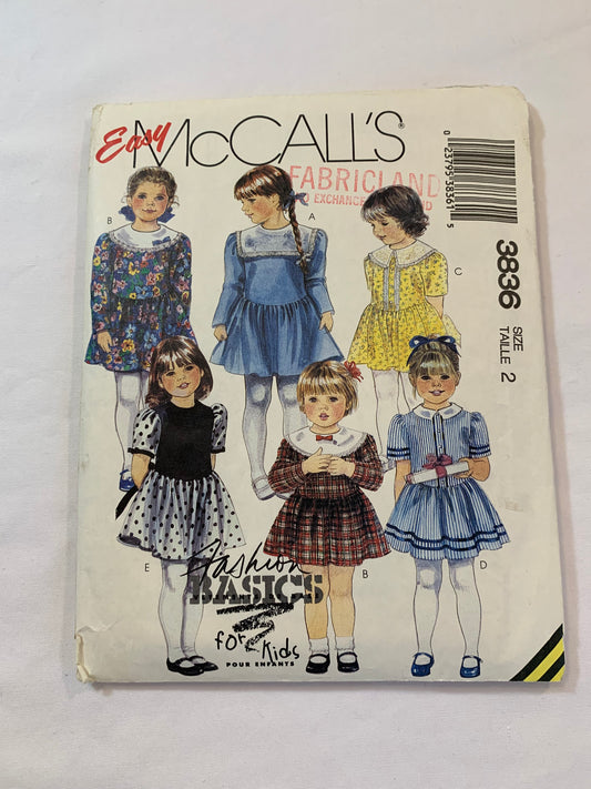 McCall's Sewing Pattern 3836 Girls' Dress, Zipper Back,Tie Back, Gathered Skirt, Long/Short Sleeves, Collar, 5 Variations, Size 2, Cut, Vintage 1988