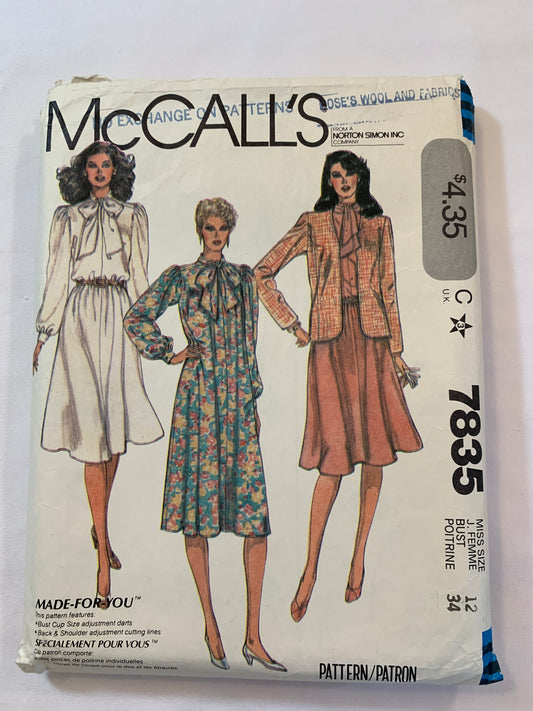 McCall's Sewing Pattern 7835 Misses' Jacket, Dress, Shoulder Pads, Pullover, Elastic Waist, Flared Skirt, Long Sleeves, Size 12, Cut, Vintage 1981