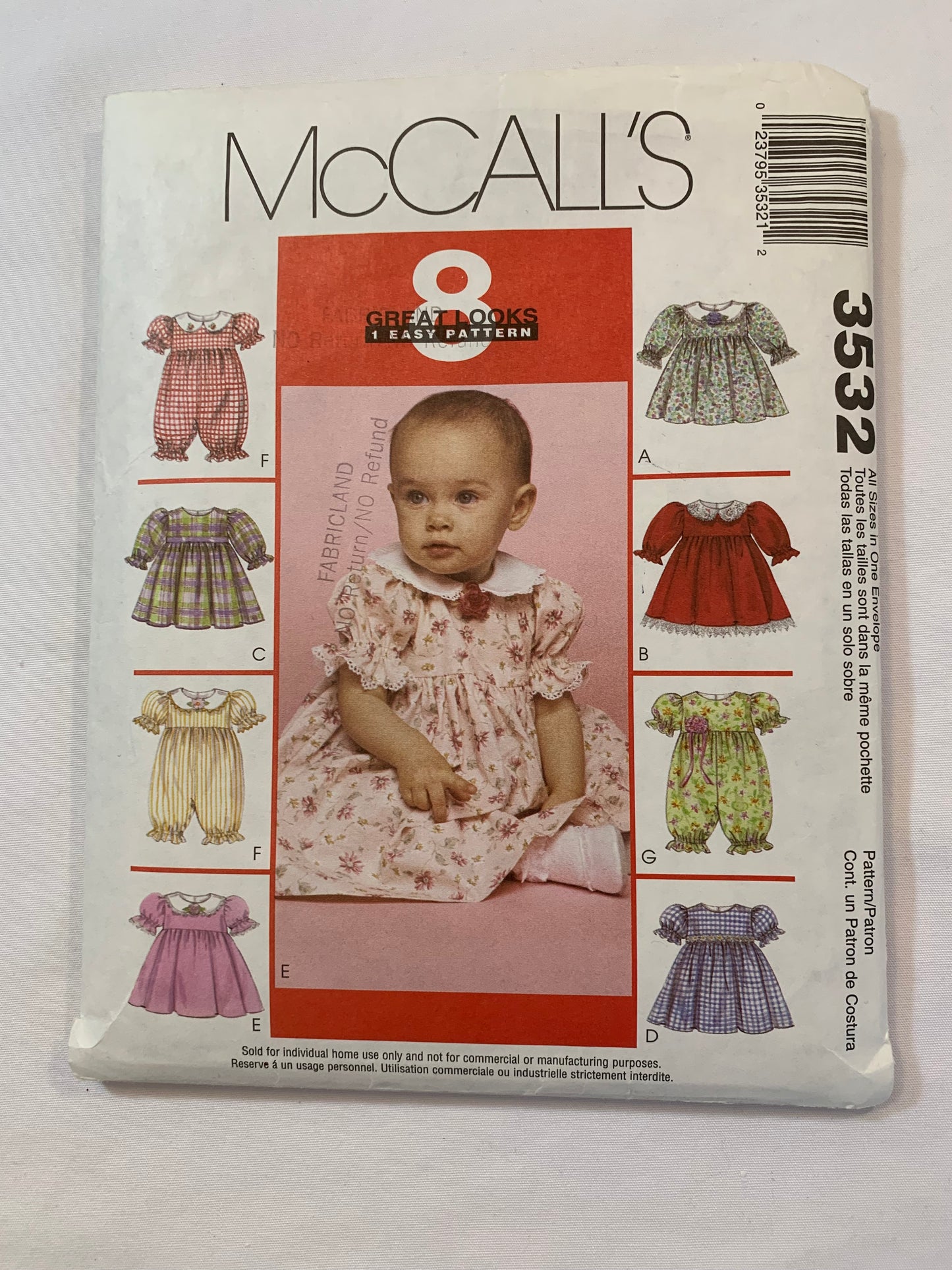 McCall's Sewing Pattern 3532 Infants' Dress, Rompers, Snap Crotch, Panties, Raised Waist, Long/Short Sleeves, Elastic Waist, Size 13-15 Pounds, Cut, 2002