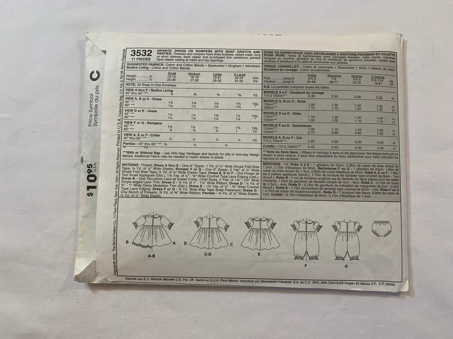 McCall's Sewing Pattern 3532 Infants' Dress, Rompers, Snap Crotch, Panties, Raised Waist, Long/Short Sleeves, Elastic Waist, Size 13-15 Pounds, Cut, 2002