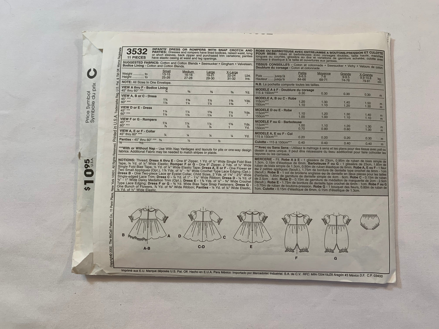 McCall's Sewing Pattern 3532 Infants' Dress, Rompers, Snap Crotch, Panties, Raised Waist, Long/Short Sleeves, Elastic Waist, Size 13-15 Pounds, Cut, 2002