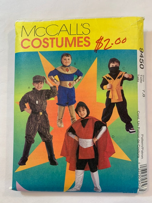 McCall's Sewing Pattern 9450 Children's/Boy's Costumes, Halloween, Jumpsuit, Super Heroes, Army Guy, Ninja, Size 7-8, Cut, Vintage 1998
