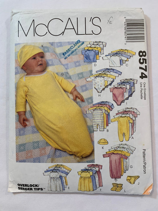 McCall's Sewing Pattern 8574 Infants/Preemie Layette, Stretch Knits Only, T-Shirt, Dress, Bodysuit, Diaper Cover, Cap, Booties, Gown, Romper, Size 7-18 Pounds, Cut, Vintage 1996