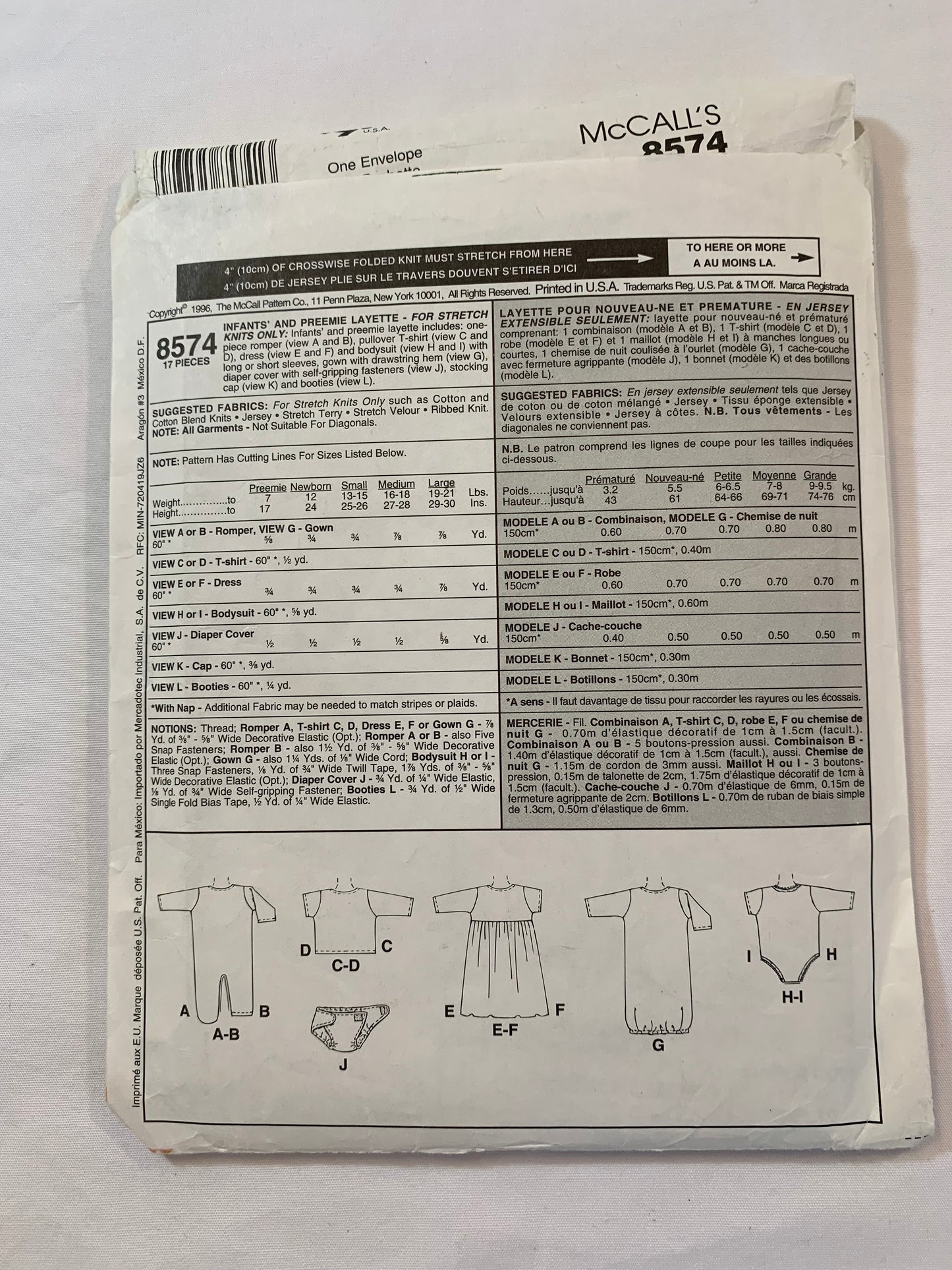 McCall's Sewing Pattern 8574 Infants/Preemie Layette, Stretch Knits Only, T-Shirt, Dress, Bodysuit, Diaper Cover, Cap, Booties, Gown, Romper, Size 7-18 Pounds, Cut, Vintage 1996