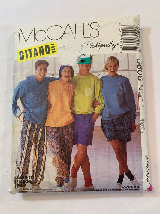McCall's Sewing Pattern 5606 Misses'/Men's Unisex Tops, Pull-On Pants/Shorts, Pockets, Pullover, Stretch Knits Only, Dropped Shoulders, Elastic Waist, Pockets, Loose-Fitting, Size 40-42, Cut, Vintage 1998