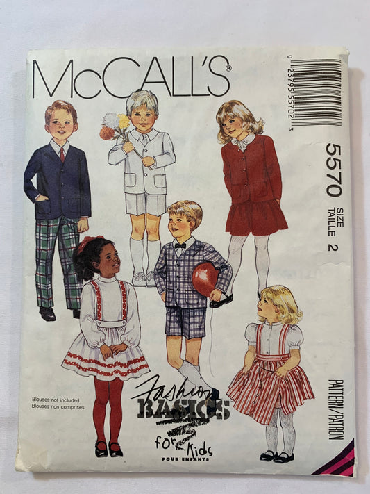 McCall's Sewing Pattern 5570 Children's/Boys'/Girls' Jacket, Skirt, Pants, Shorts, Elastic Waist, Criss Cross Straps, Shoulder Pads, Pockets, Size 2, Cut, Vintage 1991