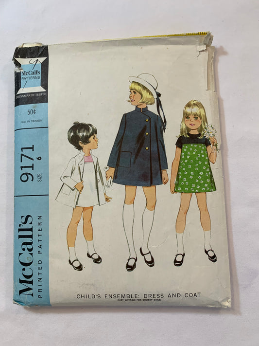 McCall's Sewing Patterns 9171 Girls' Dress, Coat, Zipper Back, Long/Short Sleeves, Button Front, Pockets, Collar, Size 6, Cut, Vintage 1950