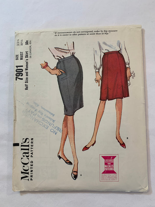 McCall's Sewing Pattern 7901 Misses' Skirt, Waistband, Zipper Back, Pockets, Pleats, Half Size, Size 22 1/2, Cut, Vintage 1965