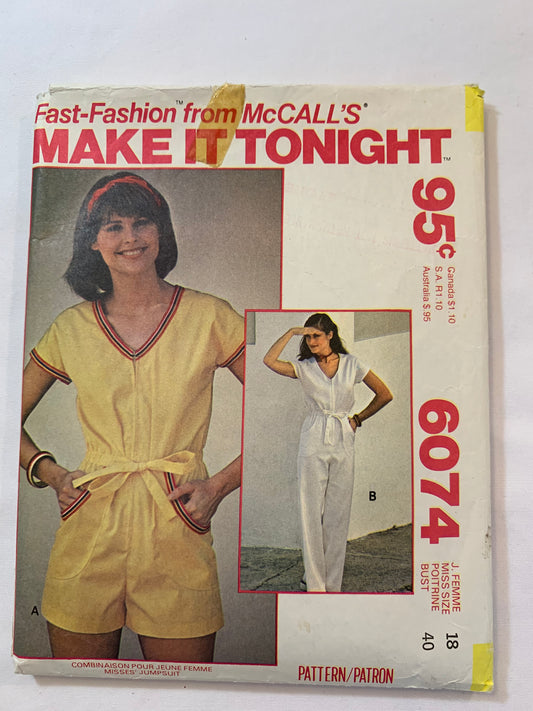 McCall's Sewing Pattern 6074 Misses' Jumpsuit, Sleeveless, Pockets, Two Lengths, Elastic Waist, Zipper Front, Size 18, Cut, Vintage 1976