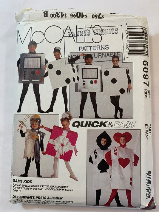 McCall's Sewing Pattern 6097 Boys'/Girls' Costumes, Halloween, Card, Knight, Video Game, Dice, Gift, Size 2-12, Cut, Vintage 1992