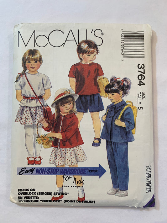 McCall's Sewing Pattern 3764 Girls' Unlined Jacket, Top, Pants, Skirt, Shorts, Shoulder Pads, Peter Pan Collar, Pullover, Long/Short Sleeves, Size 5, Cut, Vintage 1988