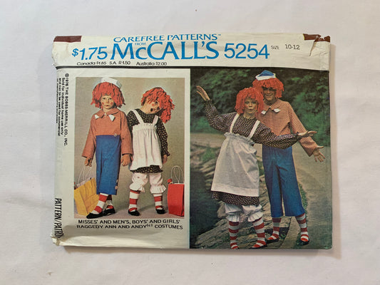 McCall's Sewing Pattern 4097 Crafts, Costumes, Halloween, Girls'/Boys' Raggedy Ann, Andy Pants, Top, Apron, Jumpsuit, Long Sleeves, Pullover, Size 10-12, Cut, Vintage 1976