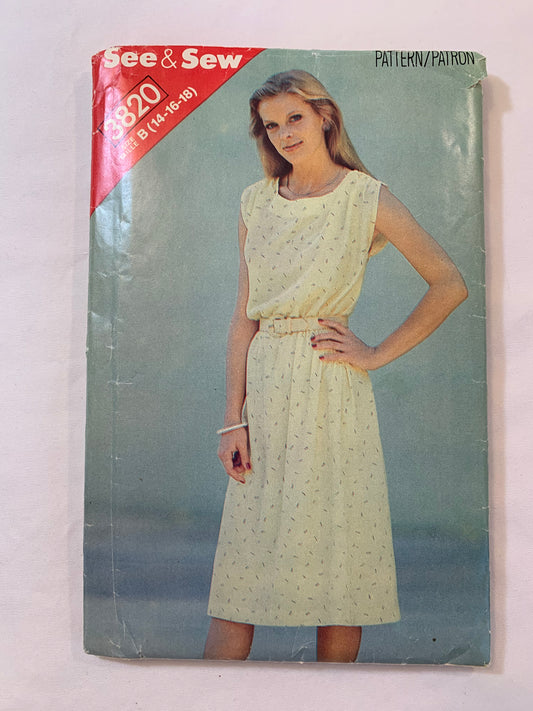 Butterick Sewing Pattern See & Sew 3820 Misses' Dress, Loose-Fitting, Below Mid-Knee, Pullover, Tie Belt, Sleeveless, Pockets, Size 14-18, Cut, Vintage 1996