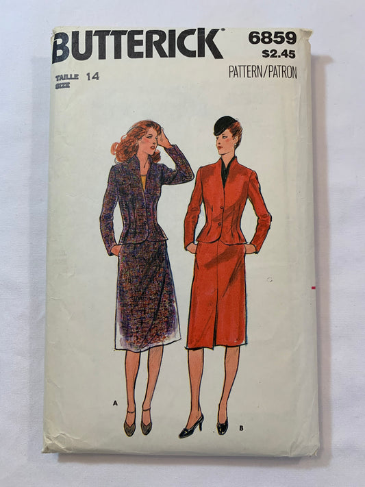 Butterick Sewing Pattern 6859 Misses' Jacket, Skirt, Loose-Fitting, Lined, Shoulder Pads, Long Sleeves, Zipper Back, Size 14, Cut, Vintage 1989