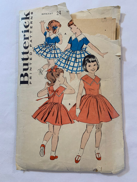 Butterick Sewing Pattern 8955 Girls' Dress, Full Skirt, Collar, Short Sleeves, Sleeveless, Sash, Above Knee, Size 6, Cut, Vintage 1950