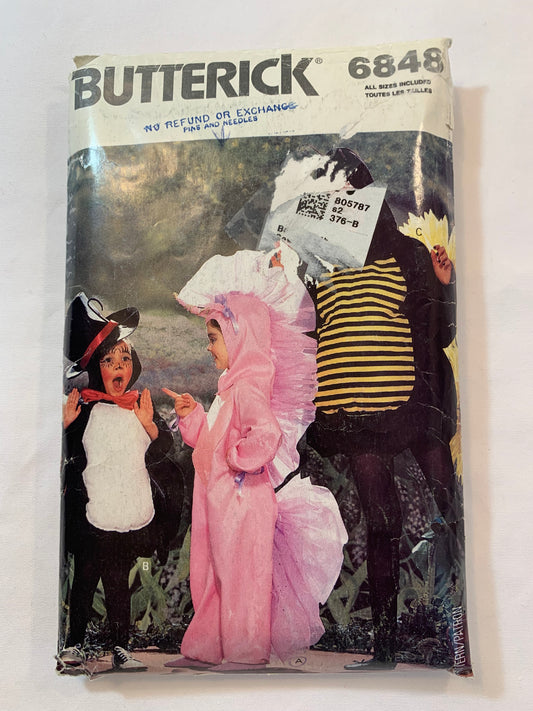 Butterick Sewing Pattern 6848 Children's/Girls'/Boys' Unicorn, Spider, Bumble Bee Costumes, Loose-Fitting, Long Sleeves, Hat, Size 4-7, Cut, Vintage 1988