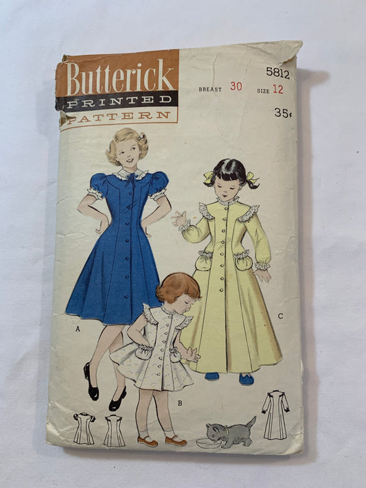 Butterick Sewing Pattern 5812 Girls' Princess Dress, Housecoat, Robe, Long/Short Sleeves, Peter Pan Collar, Sleevless, Ruffles, Pockets, Two Lengths, Size 12, Cut, Vintage 1950