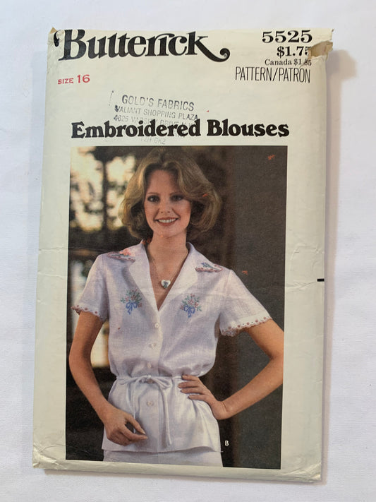 Butterick Sewing Pattern 5525 Misses' Blouse, Semi-Fitted, Collar, Long/Short Sleeves, Button Front, Embroidery, Size 16, Cut, Vintage 1973
